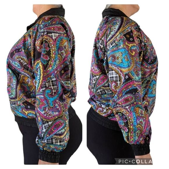 Vintage 80s Windbreaker Jacket Black Paisley  Reversible Bomber Coat Size S Tren - Picture 7 of 13